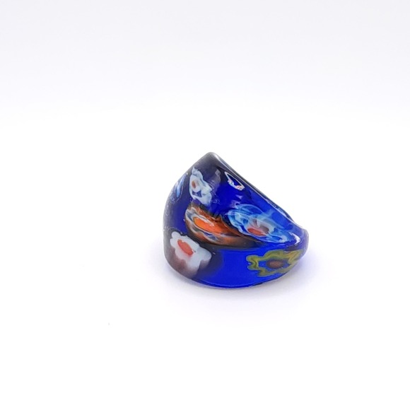 Murano Style Hand Blown Glass Ring Women's Blue Art Floral Design Boho Size 6 - Picture 7 of 14